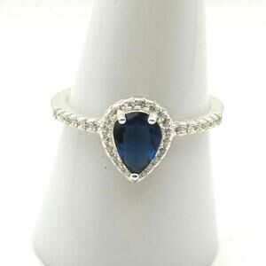 NEW Genuine Blue Sapphire with halo CZ teardrop Sterling Silver .925 ring Size 9